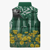Saudi Arabia National Day Sleeveless Puffer Jacket Falcon Skyline Arabic Calligraphy Cultural Pride