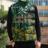 Saudi Arabia National Day Sleeveless Puffer Jacket Falcon Skyline Arabic Calligraphy Cultural Pride