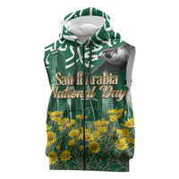 Saudi Arabia National Day Sleeveless Zip Hoodie Falcon Skyline Arabic Calligraphy Cultural Pride