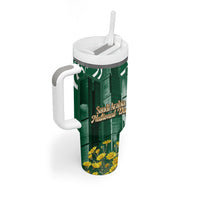 Saudi Arabia National Day Tumbler With Handle Falcon Skyline Arabic Calligraphy Cultural Pride