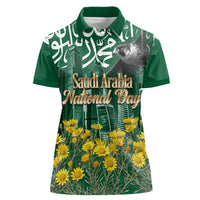 Saudi Arabia National Day Women Polo Shirt Falcon Skyline Arabic Calligraphy Cultural Pride
