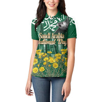 Saudi Arabia National Day Women Polo Shirt Falcon Skyline Arabic Calligraphy Cultural Pride