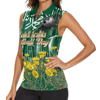 Saudi Arabia National Day Women Sleeveless Polo Shirt Falcon Skyline Arabic Calligraphy Cultural Pride