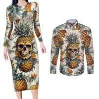 Pineapple Skull Couples Matching Long Sleeve Bodycon Dress and Long Sleeve Button Shirts Summer Paradise - Wonder Print Shop