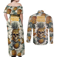 Pineapple Skull Couples Matching Off Shoulder Maxi Dress and Long Sleeve Button Shirts Summer Paradise - Wonder Print Shop