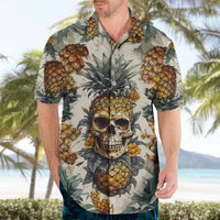 Short-sleeve Hawaiian shirt with pineapple skull center graphic and tropical leaves, button front
