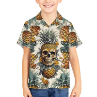 Kids Hawaiian shirt with pineapple skull graphic, cream multicolor tropical leaves, button front