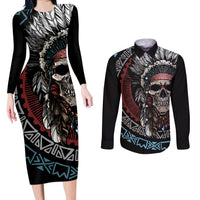 Native American Skull Couples Matching Long Sleeve Bodycon Dress and Long Sleeve Button Shirts American History Begins With Native History - Wonder Print Shop