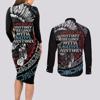 Native American Skull Couples Matching Long Sleeve Bodycon Dress and Long Sleeve Button Shirts American History Begins With Native History - Wonder Print Shop