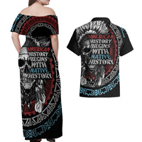 Native American Skull Couples Matching Off Shoulder Maxi Dress and Hawaiian Shirt American History Begins With Native History - Wonder Print Shop