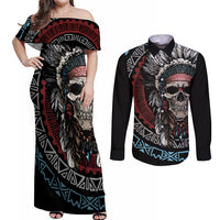 Native American Skull Couples Matching Off Shoulder Maxi Dress and Long Sleeve Button Shirts American History Begins With Native History - Wonder Print Shop