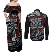 Native American Skull Couples Matching Off Shoulder Maxi Dress and Long Sleeve Button Shirts American History Begins With Native History - Wonder Print Shop