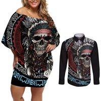 Native American Skull Couples Matching Off Shoulder Short Dress and Long Sleeve Button Shirts American History Begins With Native History - Wonder Print Shop
