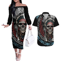 Native American Skull Couples Matching Off The Shoulder Long Sleeve Dress and Hawaiian Shirt American History Begins With Native History - Wonder Print Shop