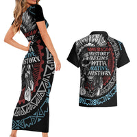 Native American Skull Couples Matching Short Sleeve Bodycon Dress and Hawaiian Shirt American History Begins With Native History - Wonder Print Shop