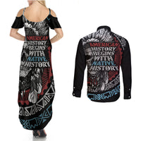 Native American Skull Couples Matching Summer Maxi Dress and Long Sleeve Button Shirts American History Begins With Native History - Wonder Print Shop