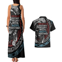 Native American Skull Couples Matching Tank Maxi Dress and Hawaiian Shirt American History Begins With Native History - Wonder Print Shop