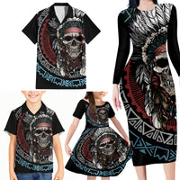 Native American Skull Family Matching Long Sleeve Bodycon Dress and Hawaiian Shirt American History Begins With Native History - Wonder Print Shop