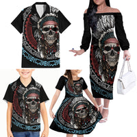 Native American Skull Family Matching Off Shoulder Long Sleeve Dress and Hawaiian Shirt American History Begins With Native History - Wonder Print Shop