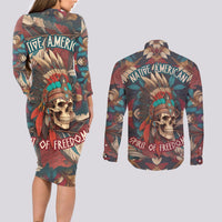 Native American Skull Couples Matching Long Sleeve Bodycon Dress and Long Sleeve Button Shirts Native Merican Spirit Of Freedom - Wonder Print Shop