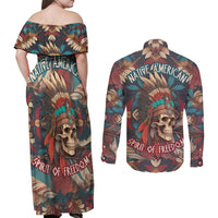 Native American Skull Couples Matching Off Shoulder Maxi Dress and Long Sleeve Button Shirts Native Merican Spirit Of Freedom - Wonder Print Shop