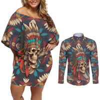 Native American Skull Couples Matching Off Shoulder Short Dress and Long Sleeve Button Shirts Native Merican Spirit Of Freedom - Wonder Print Shop