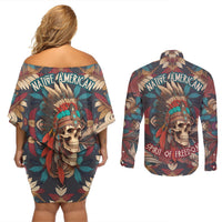 Native American Skull Couples Matching Off Shoulder Short Dress and Long Sleeve Button Shirts Native Merican Spirit Of Freedom - Wonder Print Shop