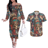 Native American Skull Couples Matching Off The Shoulder Long Sleeve Dress and Hawaiian Shirt Native Merican Spirit Of Freedom - Wonder Print Shop