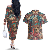 Native American Skull Couples Matching Off The Shoulder Long Sleeve Dress and Hawaiian Shirt Native Merican Spirit Of Freedom - Wonder Print Shop