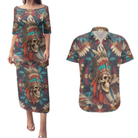 Native American Skull Couples Matching Puletasi Dress and Hawaiian Shirt Native Merican Spirit Of Freedom - Wonder Print Shop