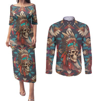 Native American Skull Couples Matching Puletasi Dress and Long Sleeve Button Shirts Native Merican Spirit Of Freedom - Wonder Print Shop
