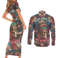 Native American Skull Couples Matching Short Sleeve Bodycon Dress and Long Sleeve Button Shirts Native Merican Spirit Of Freedom - Wonder Print Shop