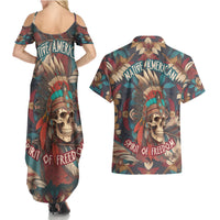 Native American Skull Couples Matching Summer Maxi Dress and Hawaiian Shirt Native Merican Spirit Of Freedom - Wonder Print Shop