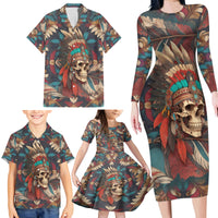Native American Skull Family Matching Long Sleeve Bodycon Dress and Hawaiian Shirt Native Merican Spirit Of Freedom - Wonder Print Shop