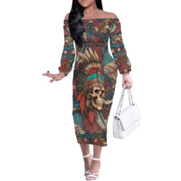 Native American Skull Family Matching Off Shoulder Long Sleeve Dress and Hawaiian Shirt Native Merican Spirit Of Freedom - Wonder Print Shop