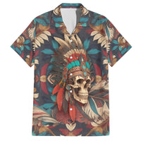 Hawaiian shirt with dark multicolor skull feather headdress and leaf print