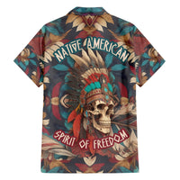 Hawaiian shirt with dark multicolor skull and feather graphic, button-up collar