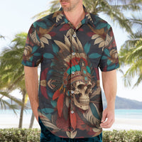 Men's Hawaiian shirt with dark multicolor skull headdress and tropical leaf print