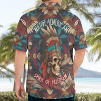 Hawaiian shirt with back graphic text, skull and feather headdress on leaf print