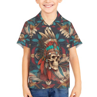 Kids Hawaiian shirt with multicolor skull and feather headdress, button-up collar