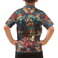 Kids Hawaiian shirt with back text, skull and feather headdress on tropical leaf print