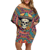 Women’s multicolor off-shoulder short dress with skull print front and batwing sleeves
