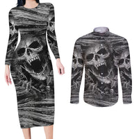 Black and White Metallica Skull Couples Matching Long Sleeve Bodycon Dress and Long Sleeve Button Shirts - Wonder Print Shop
