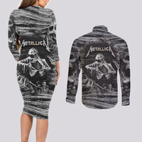 Black and White Metallica Skull Couples Matching Long Sleeve Bodycon Dress and Long Sleeve Button Shirts - Wonder Print Shop