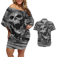 Black and White Metallica Skull Couples Matching Off Shoulder Short Dress and Hawaiian Shirt - Wonder Print Shop