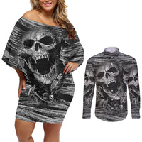 Black and White Metallica Skull Couples Matching Off Shoulder Short Dress and Long Sleeve Button Shirts - Wonder Print Shop
