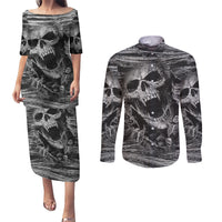 Black and White Metallica Skull Couples Matching Puletasi Dress and Long Sleeve Button Shirts - Wonder Print Shop