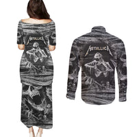 Black and White Metallica Skull Couples Matching Puletasi Dress and Long Sleeve Button Shirts - Wonder Print Shop