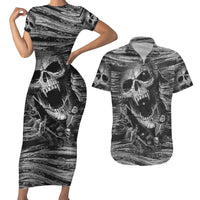 Black and White Metallica Skull Couples Matching Short Sleeve Bodycon Dress and Hawaiian Shirt - Wonder Print Shop