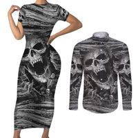 Black and White Metallica Skull Couples Matching Short Sleeve Bodycon Dress and Long Sleeve Button Shirts - Wonder Print Shop